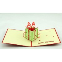 Handmade 3d Pop Up Birthday Card Green Giftbox Red Bow Star Vintage Elegant Laser Cut Papercraft Origami Gife Desk Ornament Love Friendship